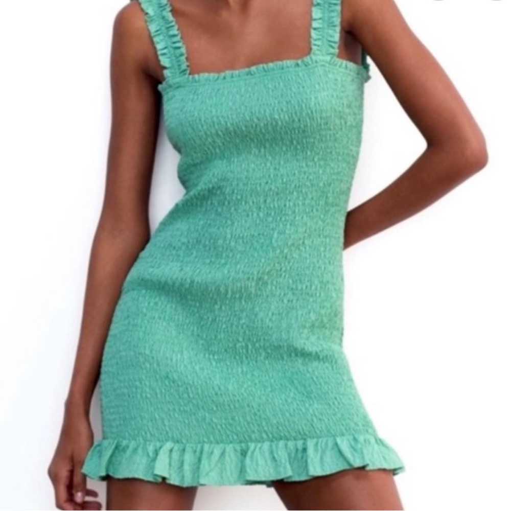 Zara Green Scrunch Dress with Ruffle